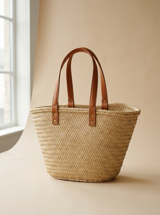 Woven straw tote with leather handles