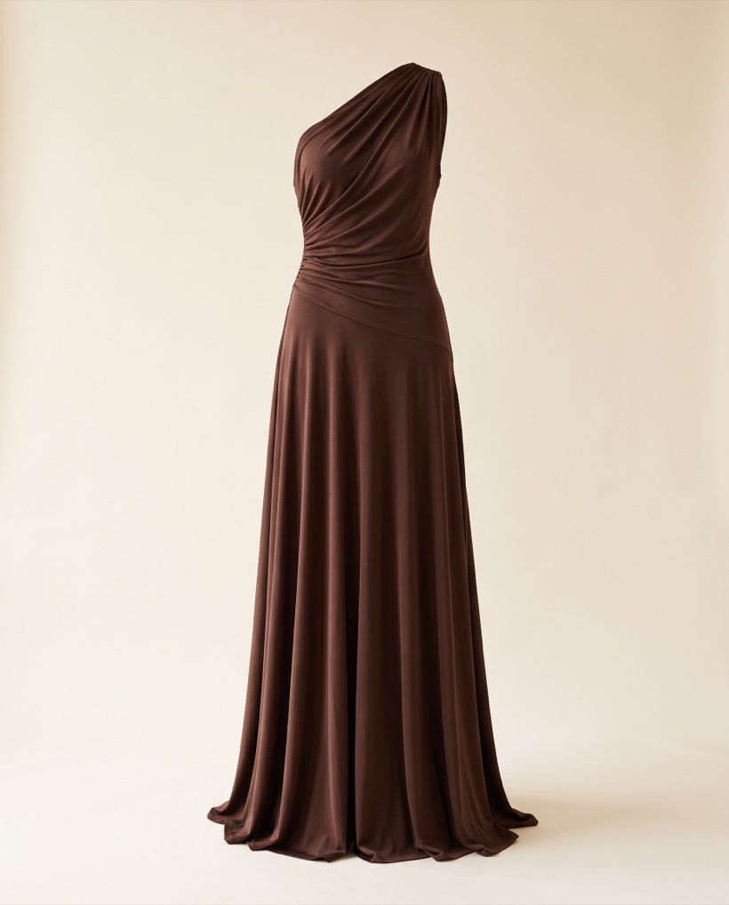 One-shoulder draped gown in chocolate silk jersey